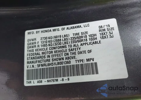 2020 Honda Odyssey Ex from USA, damaged, VIN 5FNRL6H51LB001360